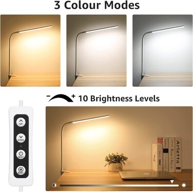 Lepro LED настільна лампа з кліпсою, архітекторська лампа зі згинаним кронштейном, настільна лампа з USB, захистом для очей, 3 кольори та 10 рівнів яскравості, для офісу, біла