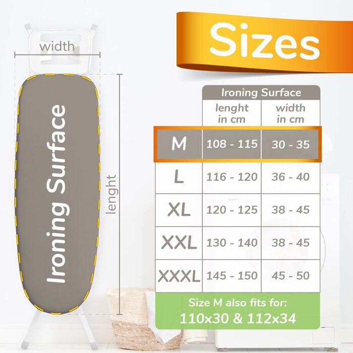 Чохол для прасувальної дошки Super Soft, 5 шарів, 110x30 см, переможець тесту з Німеччини, бавовняна підкладка ÖKOTEX, швидке прасування з терморефлексією, 5 розмірів, EasyFit+затискач, блакитно-сірий, M (108-115x30-35 см)