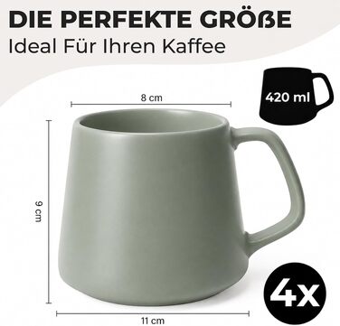 Набір керамічних чашок для кави та чаю MIAMIO Luxe Collection (4 шт, 420 мл) — великі чашки для капучино та еспресо, підходять для мікрохвильової печі та посудомийки, колір Evergreen