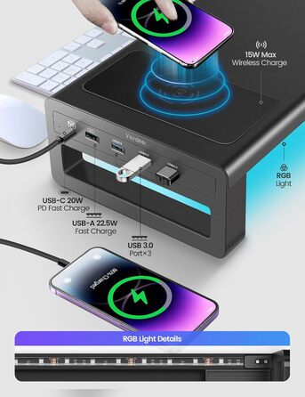 Підставка для монітора VAYDEER USB 3.0 з бездротовою зарядкою та передачею даних, металевий тримач для ноутбуків та комп'ютерів до 32 дюймів, чорний, L