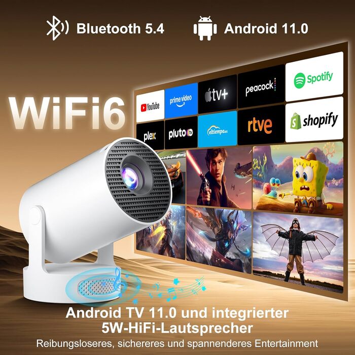Смарт-проектор Salange Mini Beamer 2026, Android 14, 4K підтримка, WiFi 6, Bluetooth 5.4, портативний міні-проектор для дому та вулиці з автокоррекцією трапеції та поворотом на 270°, чорно-білий