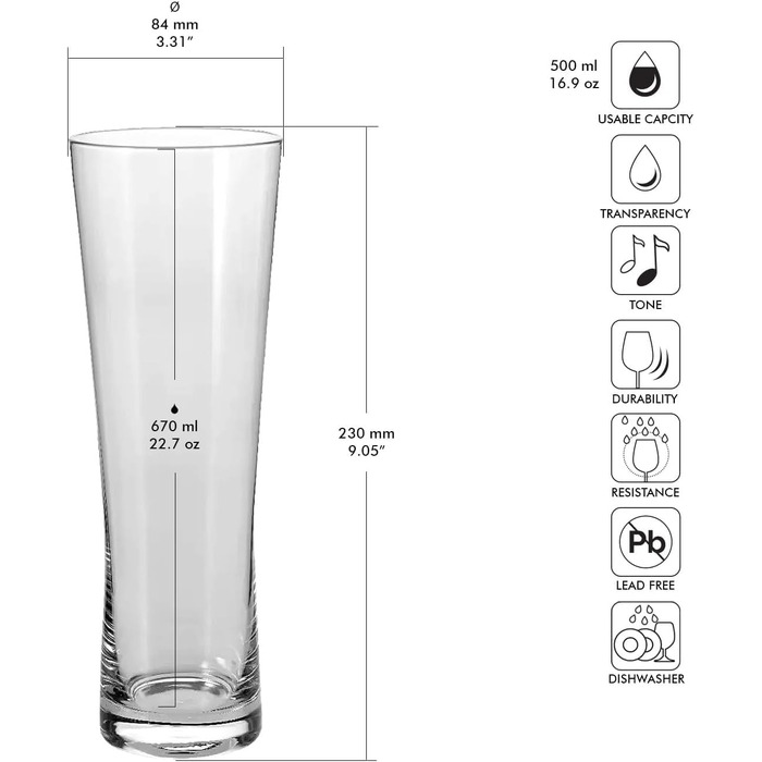 Склянки для пива Krosno Biergläser 500 мл, набір 6 шт. Універсальні, елегантний дизайн 