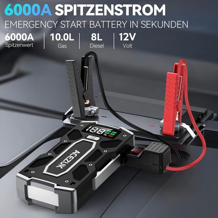 Портативний зарядний пристрій Starthilfe Powerbank 6000A для автомобіля з LED-ліхтариком та великим екраном (7000A Чорний)