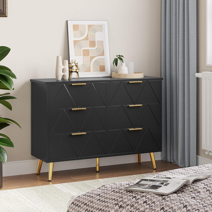 Комод YITAHOME для спальні: 6 шухляд, чорний, з дерева, для зберігання