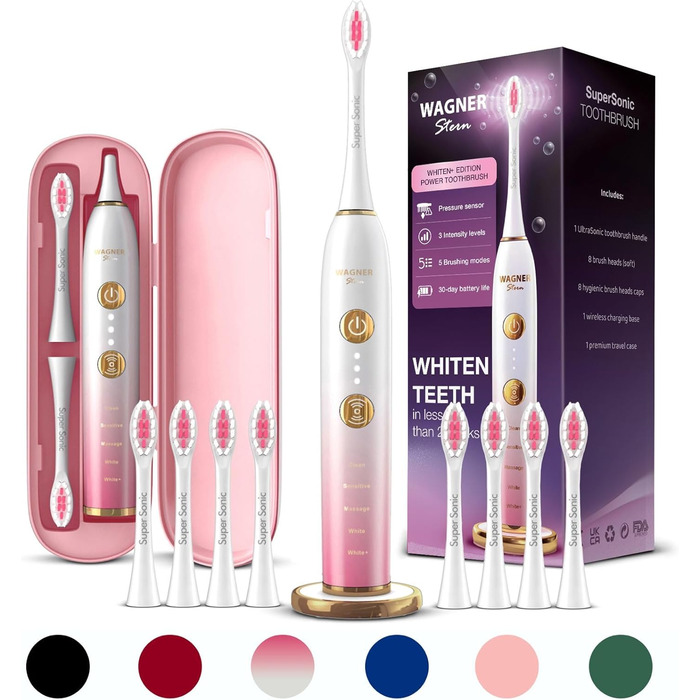 Електрична зубна щітка Wagner Stern WHITEN+ Edition з датчиком тиску, 5 режимів чищення, 3 рівні інтенсивності, 8 насадок, етитуй. Колір: зелений (магнолія)