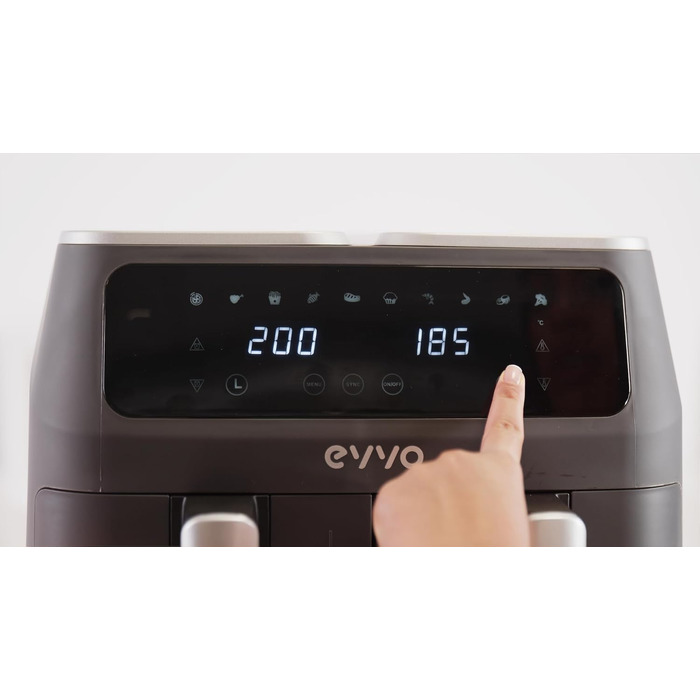 Аерофритюрниця EVVO з подвійним кошиком 8 л, 2800 Вт, безмасляне приготування, антипригарне покриття, 10 програм, Dual-Cyclone технологія, чорна