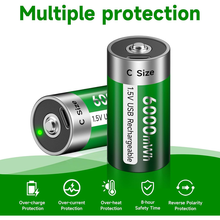 Акумулятори типу C (LR14) 1.5V 6000mWh літієві перезарядні, 4 шт. з USB-C кабелем для швидкої зарядки