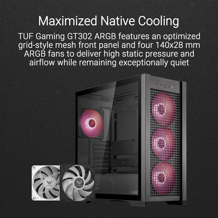 Ігровий корпус ASUS TUF GT302 ARGB білий, Mid-Tower ATX, 4x140 мм ARGB вентилятори, змінні бокові панелі, підтримка ATX материнських плат із прихованими роз'ємами, сітчаста фронтальна панель