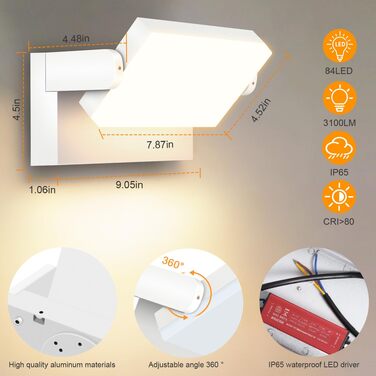 Стіна LED-світильник Kingwen 40W, зовнішній та внутрішній, поворотна панель 360°, водонепроникний IP65, тепле біле світло 3000K, чорний, для гаража та тераси