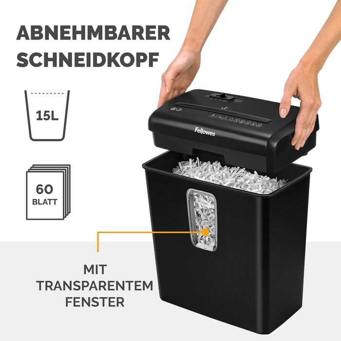 Шредер Fellowes Powershred FS-6C для дому та офісу, знищення документів (P4, 6 листів, перехресне подрібнення), чорний, 15л корзина, знищує картки та скріпки