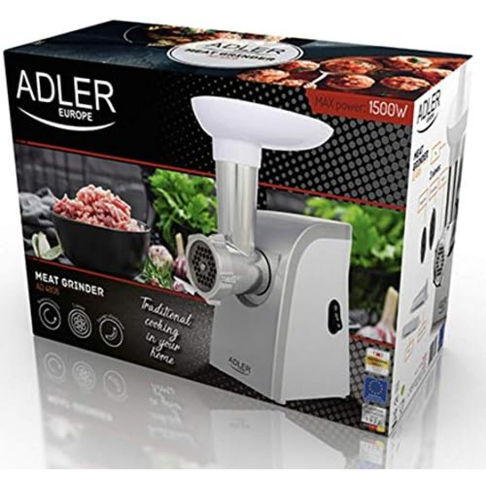 М'ясорубка Adler AD 4808, 350 Вт, 1500Вт макс, нержавіюча сталь 18/8, сіра