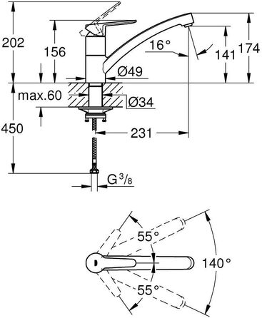 Змішувач кухонний GROHE Start Eco з плоским виливом, поворотний на 140°, хром (31685000)