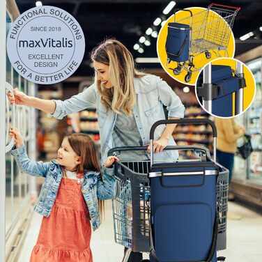 Сходовий візок для покупок maxVitalis з ізотермічним відділенням, складаний, регульований, з рефлекторами, знімна сумка 43 л, колір синій