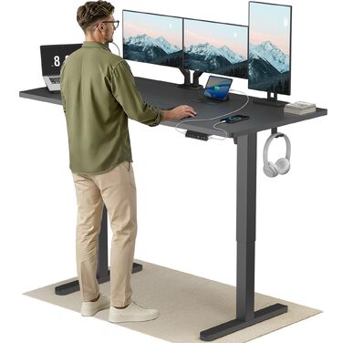Регульований стіл HUANUO 160x80 см з USB-C/USB-A зарядкою, чорний. Висота 72-118 см, 4 режими пам'яті, кабель-менеджмент