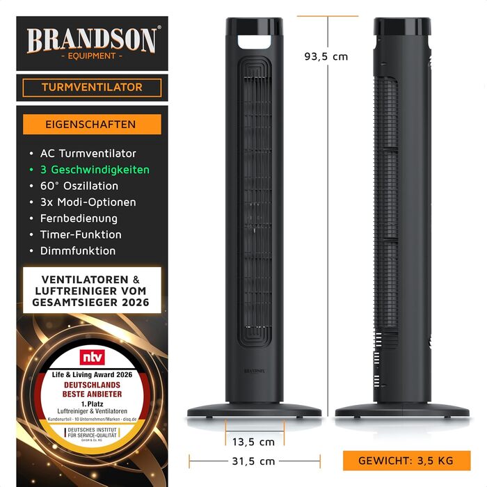 Вентилятор підлоговий Brandson з LED дисплеєм та пультом дистанційного керування. Тихий, 3 швидкості, обертання. Переможець тесту 2026