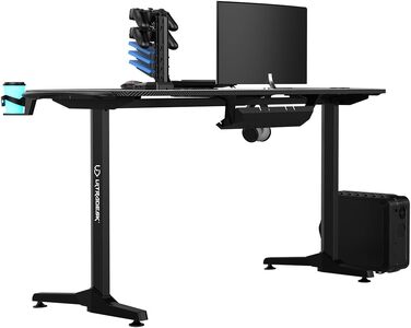 Ігровий стіл ULTRADESK FRAG V3 150x60 см, LED RGB підсвітка, сталева конструкція, для 2 моніторів, чорний, з аксесуарами
