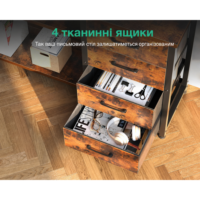 Письмовий стіл ODK з ящиками, кутовий L-подібний стіл з розетками, USB, LED підсвіткою для домашнього офісу, 135×110 см, вінтажний коричневий