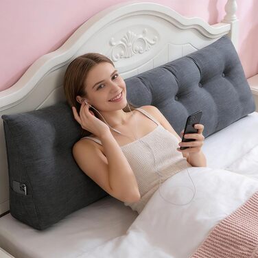 Подушка трикутна для спини OHMG 200x50x20 см темно-сіра з кишенею, для ліжка та дивана, знімний чохол