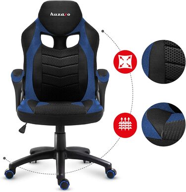 Геймерське крісло Huzaro Force 2.5 Blue Mesh, ергономічне, тканинне, чорне-синє, для комп'ютера, офісу, з регулюванням висоти та гойдалкою, навантаження до 140 кг