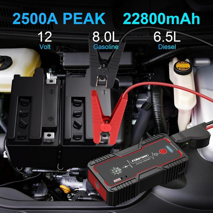 Бустерумулятор FOWAWU 2500A 22800mAh для автомобіля (бензин до 8L, дизель до 6.5L), пусковий пристрій для авто