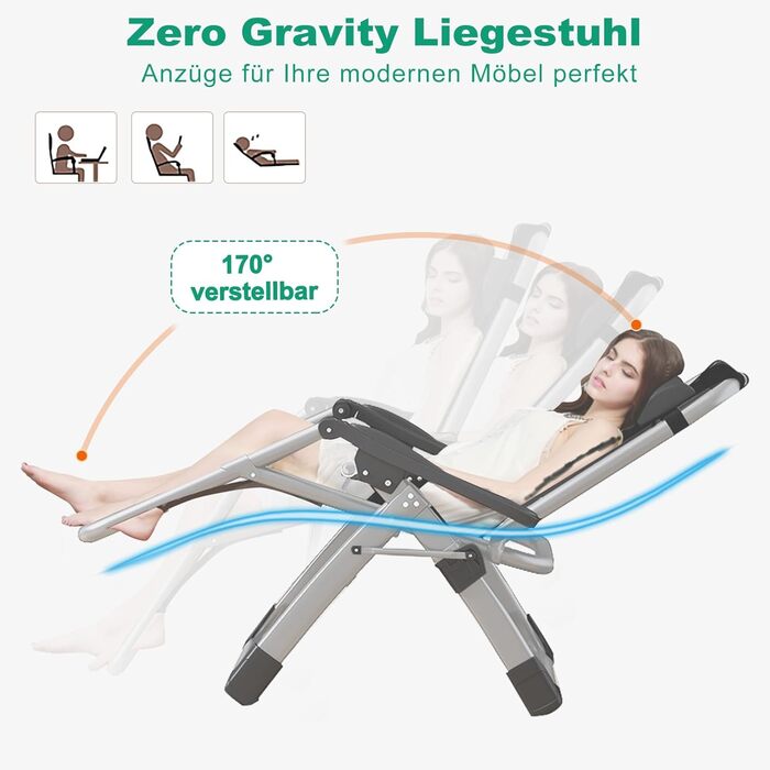 Шезлонг для відпочинку, розкладний, 200 кг, Zero Gravity, з подушкою, підстаканником, широкий, регульований, для саду, патіо, пляжу, басейну (блакитний)