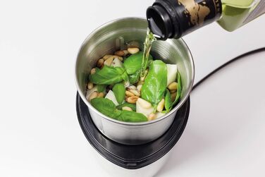 Електрична кавомолка CASO Coffee & Kitchen Flavour з нержавіючої сталі, подрібнювач для кави, спецій, горіхів, зелені, 200 Вт, срібляста, додатковий контейнер з 4-лезовим ножем