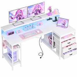 Ігровий стіл L-подібний з LED, 3 шухлядами, USB-зарядкою та розеткою 140x80 см, білий - для дому та геймінгу