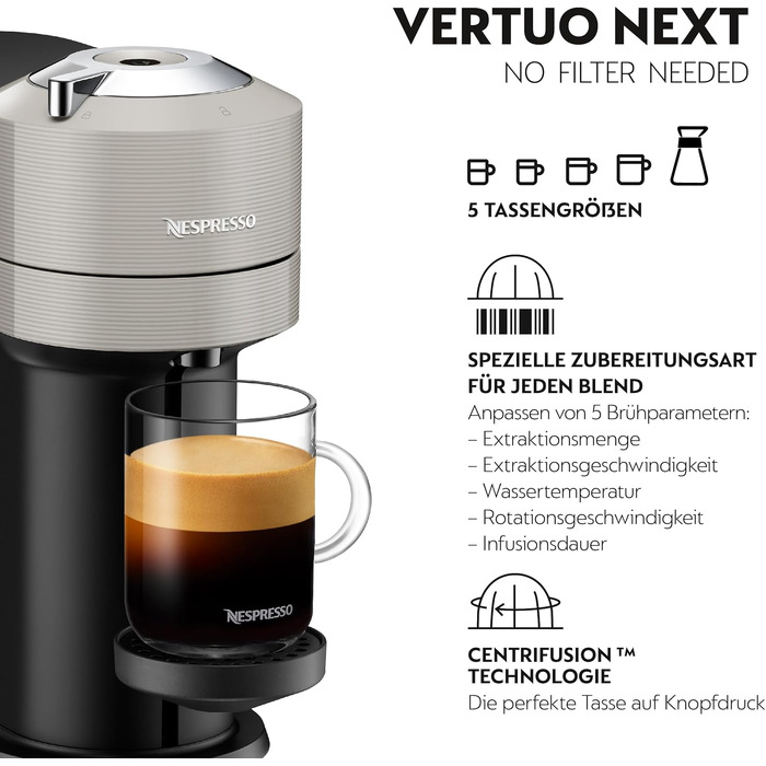 Nespresso Krups XN910B Vertuo Next: Кавомашина капсульна, 1.1л, розпізнавання капсул, 6 розмірів, сірий