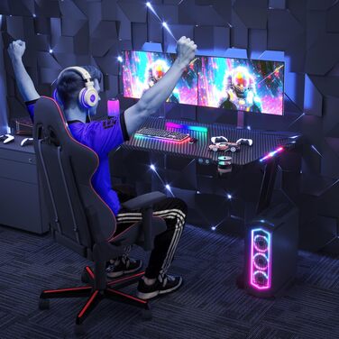 Ігровий стіл JUMMICO з RGB LED-підсвіткою, комп'ютерний стіл для геймерів та Home-office з тримачем для навушників та підстаканником, чорний (140 x 60 см)