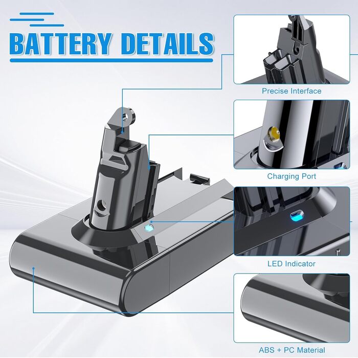 Акумулятор для пилососа Dyson V6 (DC58, DC59, DC61, DC62, DC72, DC74 Animal) + 2 фільтри, Сірий 6.0