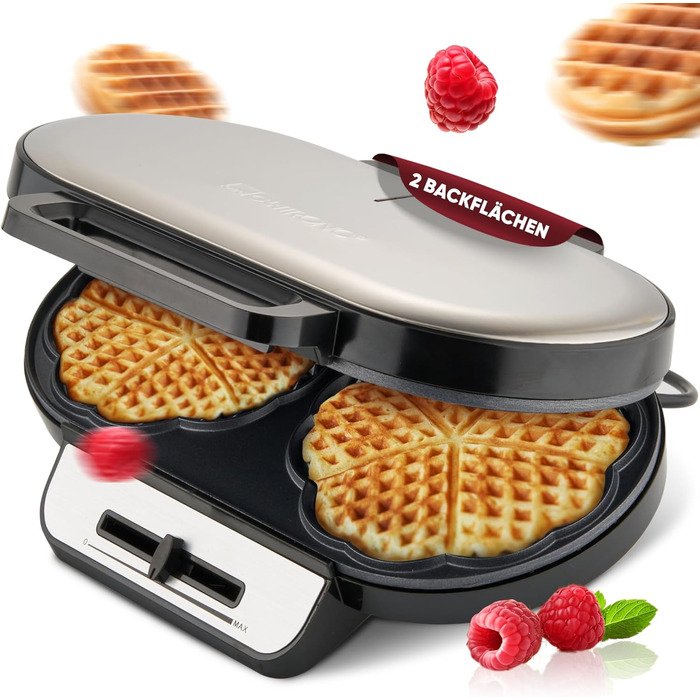 Вафельниця Clatronic WA 3745, 1200 Вт, антипригарне покриття, регульоване підсмаження, серцева форма, 2 вафлі за раз