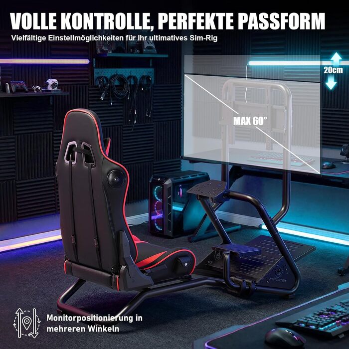 Ігровий симулятор GTPLAYER Cockpit для керма з 3D-стереодинаміками, тримачем для монітора, педалей та важеля КПП, регульований (Червоний)