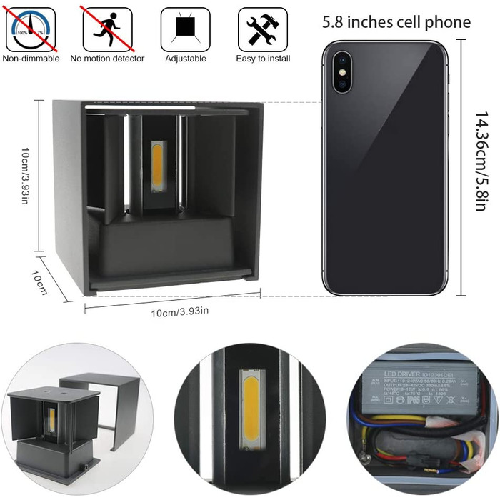 K-Bright LED настінний світильник 7W, для внутрішнього та зовнішнього використання, регульований світловий промінь, 4000K, натуральний білий, IP65, водонепроникний, темно-сірий