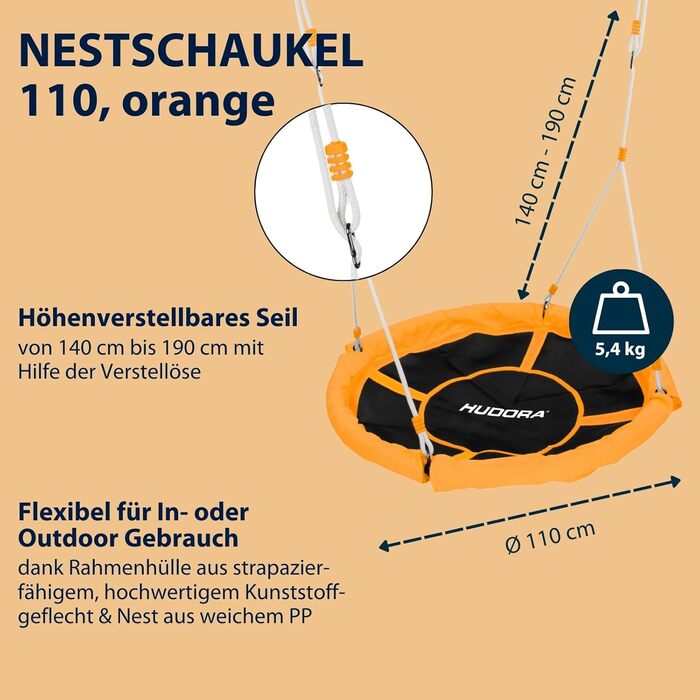 Шоукель HUDORA Nestschaukel 110 - зелено-помаранчевий, до 100 кг, діаметр 110 см, для дому та вулиці, регульована висота, сімейний, для дітей та дорослих