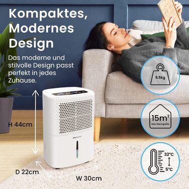 Осушувач повітря Pro Breeze 12 л/доба для приміщень до 20 м², 3 режими, цифровий дисплей, таймер, шланг, проти вологи та плісняви, білий