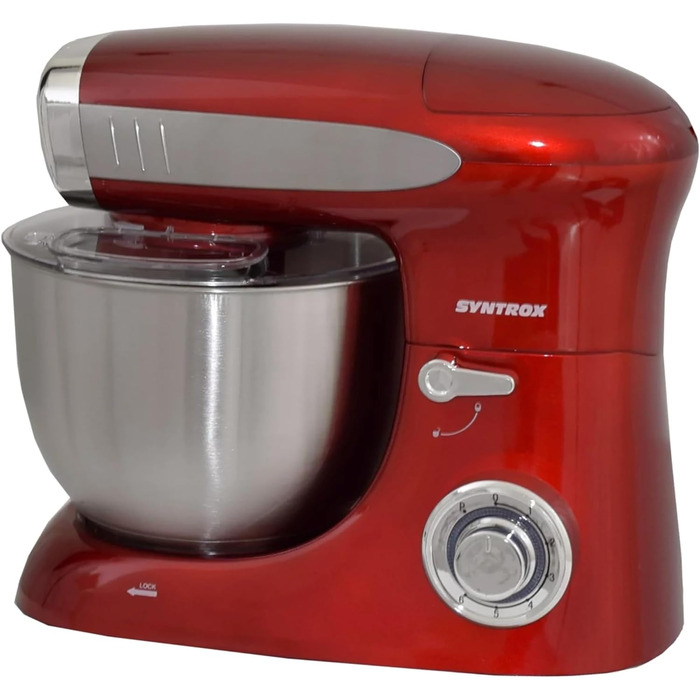 Кухонна машина Syntrox Deluxe 1300 Вт, міксер і м’ясорубка, багатофункціональний кухонний комбайн з насадками, червоний