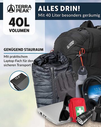 Туристичний рюкзак Terra Peak Flex 40L чорний, з вентиляцією спини, регочохлом і кріпленням для питної системи, 3D Air Mesh, для походів, з поясом, преміум-якість