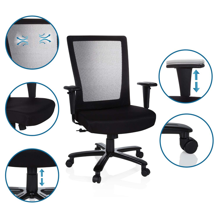Офісне крісло / поворотне крісло XXL EXTENDER сітка / тканина чорна hjh OFFICE