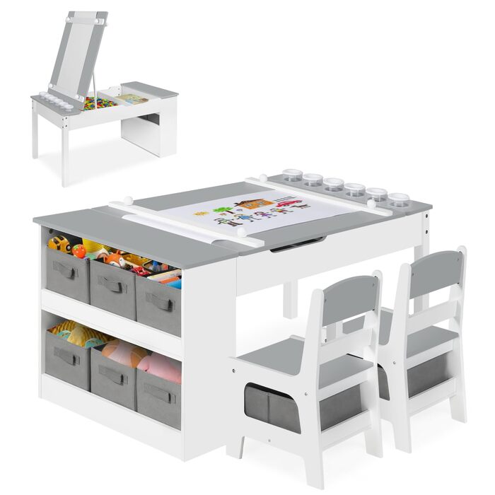 Дитячий стіл Kinder-Kunsttisch-Set з 2 стільцями: дерев'яний активний стіл для малюків з регульованою стільницею, відрами для фарб та 8 тканинними ящиками для зберігання (сірий/білий)