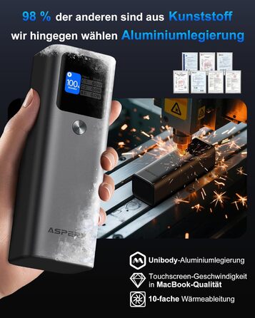 Power Bank AsperX 20000mAh, 165W, 2x USB-C 100W, Алюмінієвий Корпус, Вбудований Кабель 60см, TFT-Дисплей, для iPhone, MacBook, Samsung