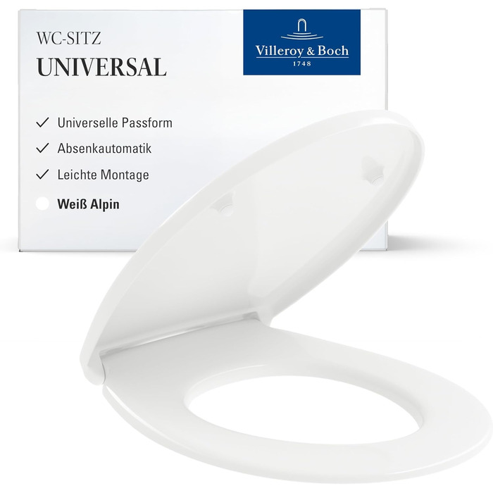 Сидіння для унітаза Villeroy & Boch Universal овальне, біле глянцеве, з мікроліфтом (м'яке закриття), знімне, ударостійкий дюропласт, оригінальна запчастина 8M94S101