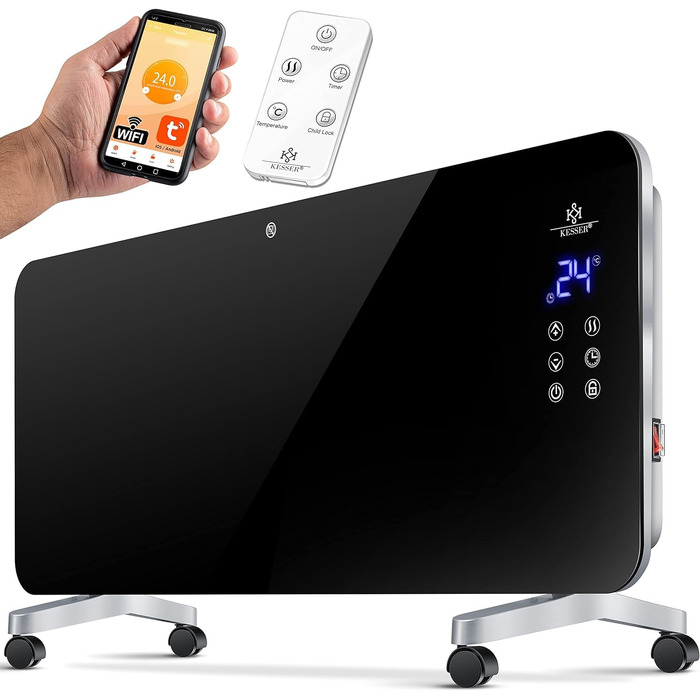 Скляний електричний конвектор KESSER® 2000 Вт з WiFi, APP керуванням, сенсорним екраном та пультом ДК, чорний