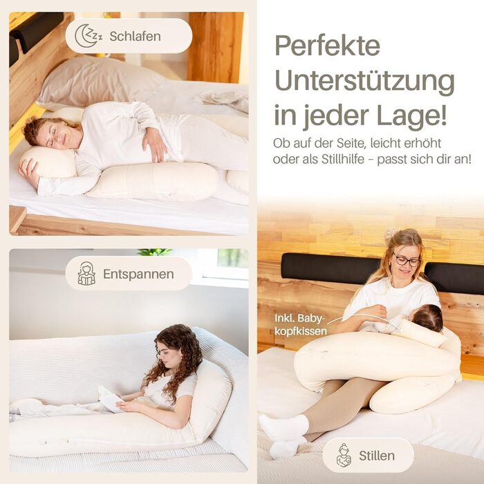 Подушка для вагітних та годування XL для сну на боці, з наповнювачем Memory Foam та чохлом з 100% бавовни, бежева