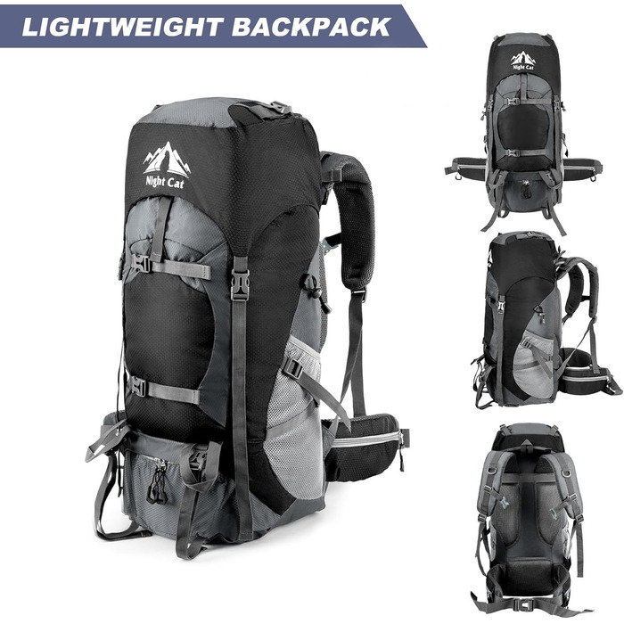 Рюкзак Night Cat 90L чорний для туризму, трекінгу, альпінізму, кемпінгу, велосипедних подорожей, дихаючий, для чоловіків та жінок