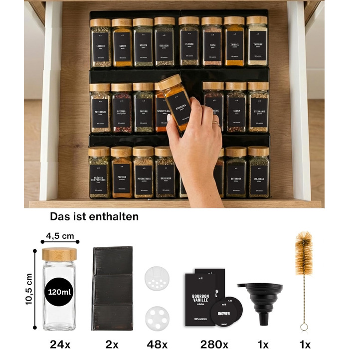 Органайзер для спецій у шухляду Deco haus®: набір з 24 скляних баночок з бамбуковими кришками та етикетками, чорний