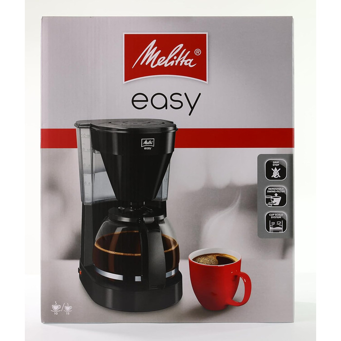 Кавоварка Melitta Easy з знімним поворотним фільтром, скляною колбою та системою захисту від крапель, на 10 чашок, чорна