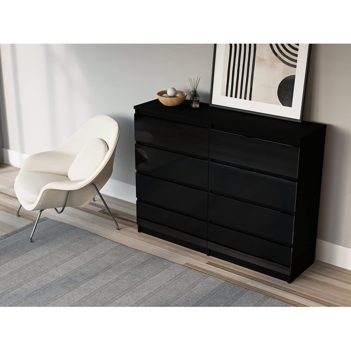 Комод 3E 3xEliving з 8 шухлядами, 120 см, чорний глянець, 4 кольори