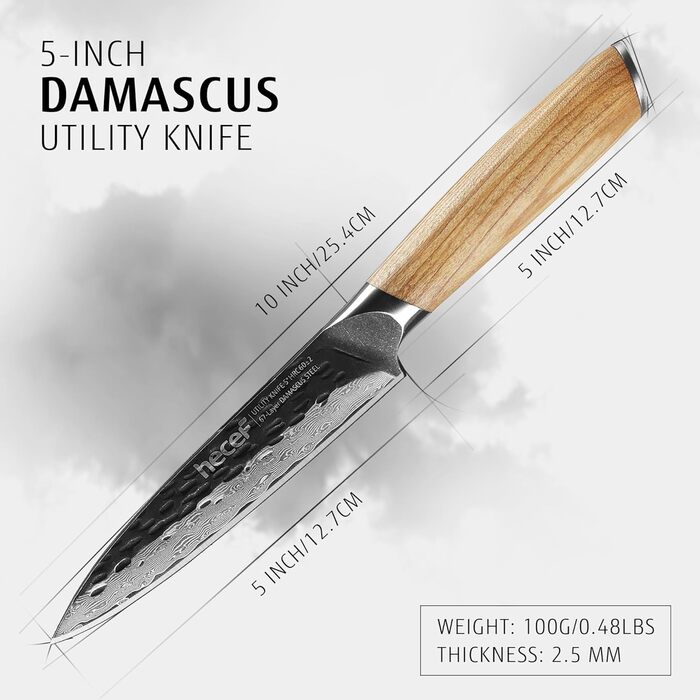 Ніж кухарський Damast 33 см Hecef, професійний ніж шеф-кухаря, японський ніж з 67 шарів дамаської сталі, гострий ніж для м'яса з ручкою з оливкового дерева