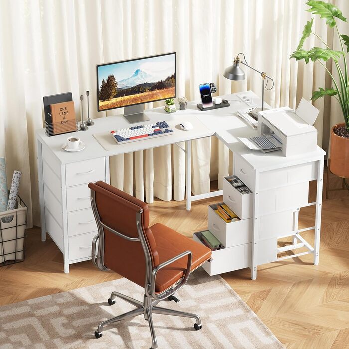 Кутовий стіл Youdenova 150x100 см з шухлядами, розеткою та USB-зарядом, білий. Стіл L-подібний з місцем для зберігання