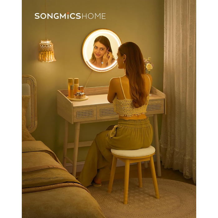 Туалетний столик SONGMICS HOME BOHOVEN з дзеркалом і підсвічуванням, косметичний стіл із 3 шухлядами в стилі ротанг, сенсорне керування, 3 кольори світла, регулювання яскравості, стиль бохо, для спальні, колір дубовий беж